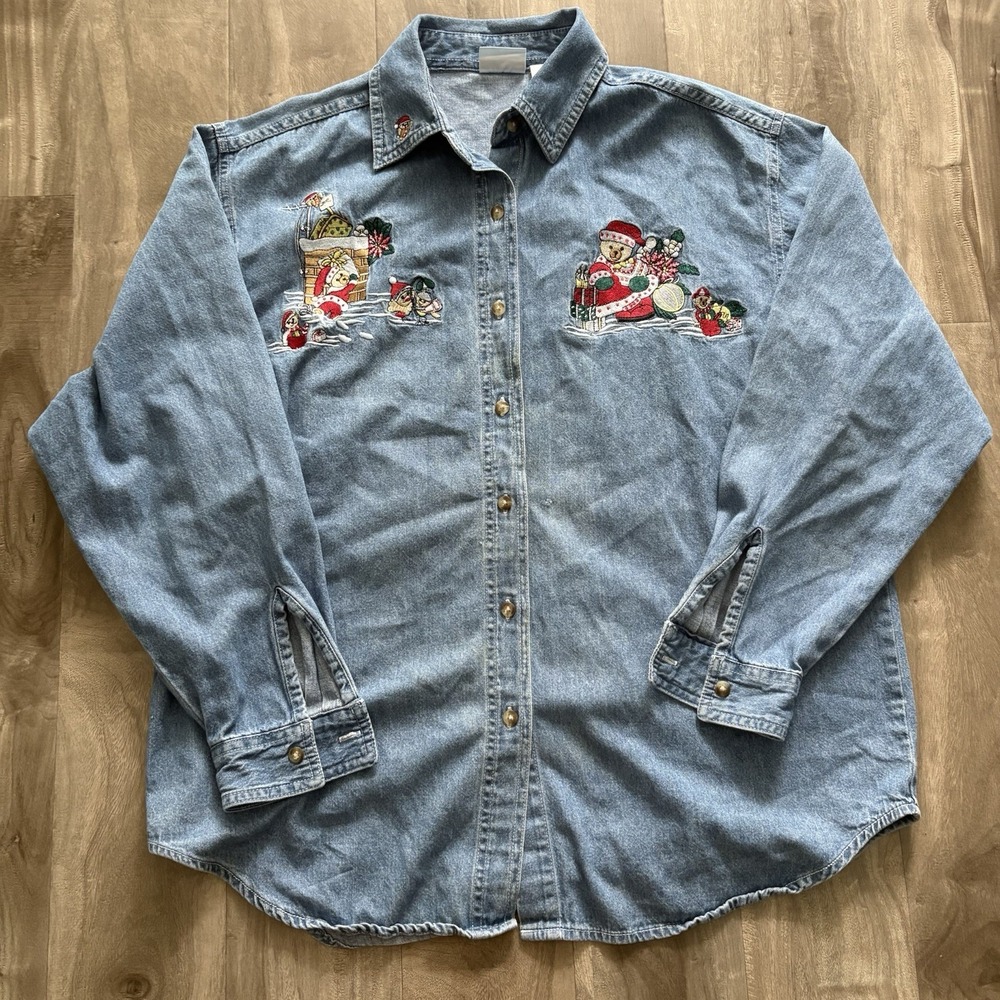 Vintage Bobbie Brooks Christmas Denim Shirt Women's Large Embroidered Teddy Bear
